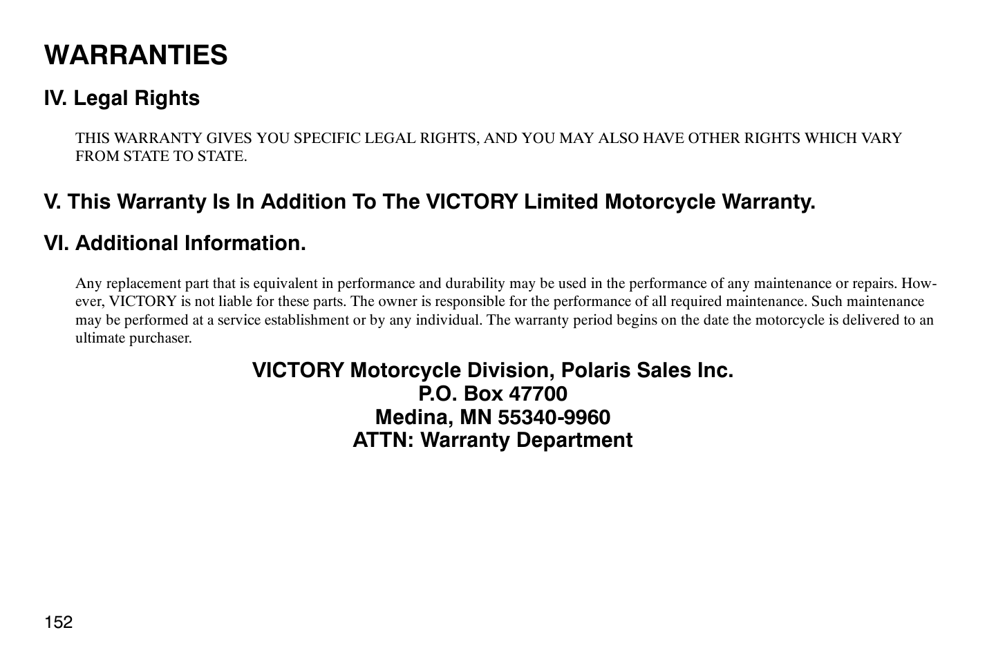 Warranties | Polaris 2008 Victory Hammer User Manual | Page 157 / 170