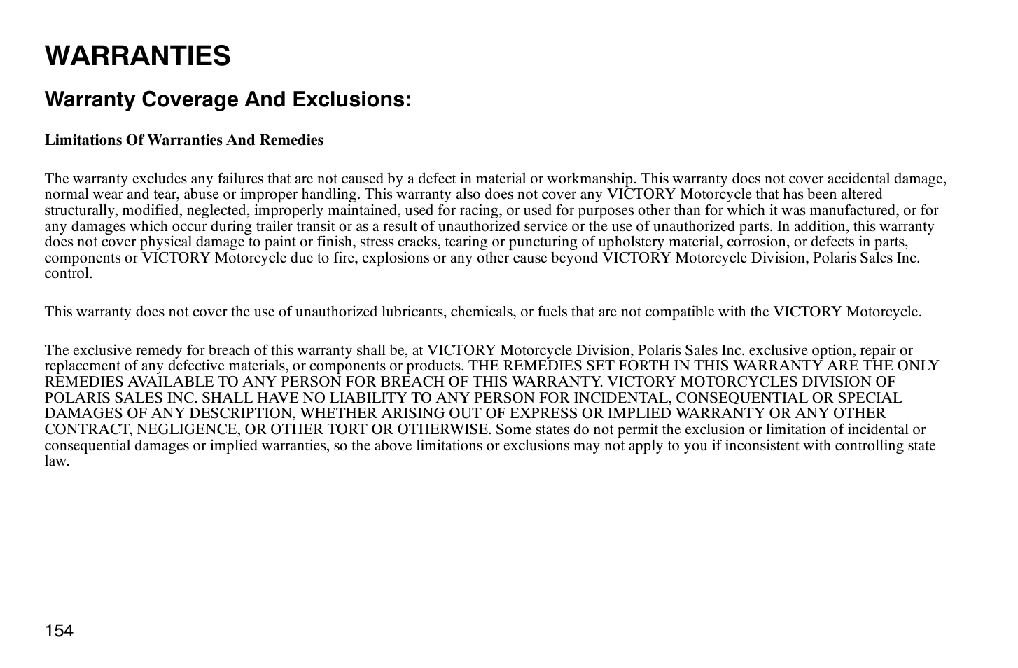 Warranties, Warranty coverage and exclusions | Polaris 2008 Victory Hammer User Manual | Page 159 / 170