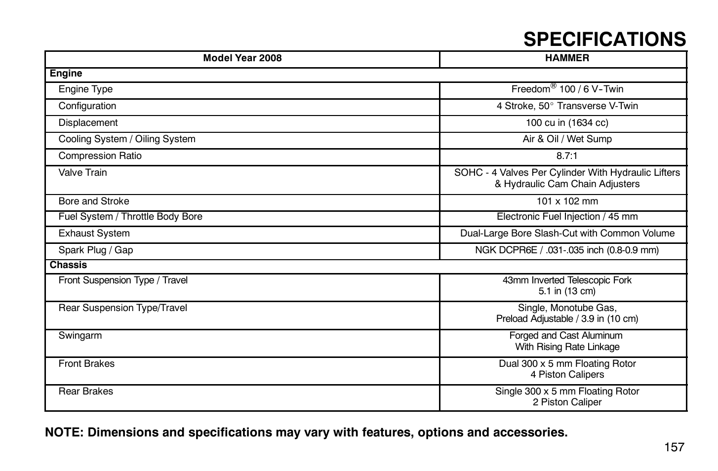 Specifications | Polaris 2008 Victory Hammer User Manual | Page 162 / 170