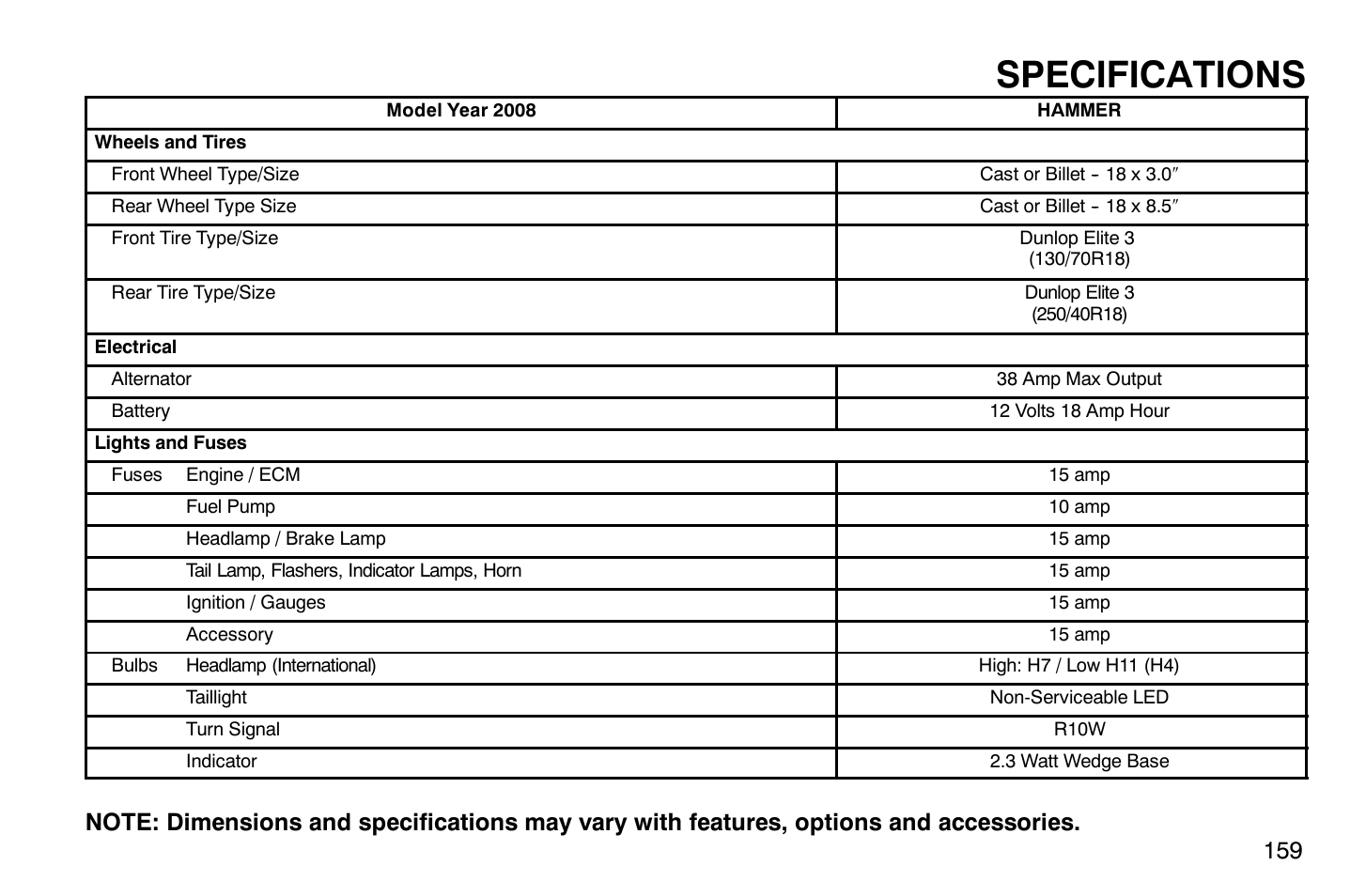 Specifications | Polaris 2008 Victory Hammer User Manual | Page 164 / 170