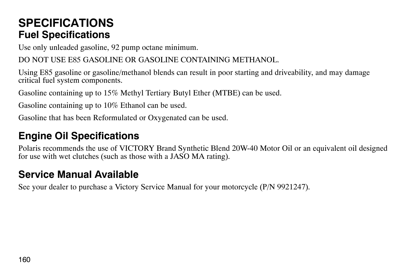 Specifications | Polaris 2008 Victory Hammer User Manual | Page 165 / 170