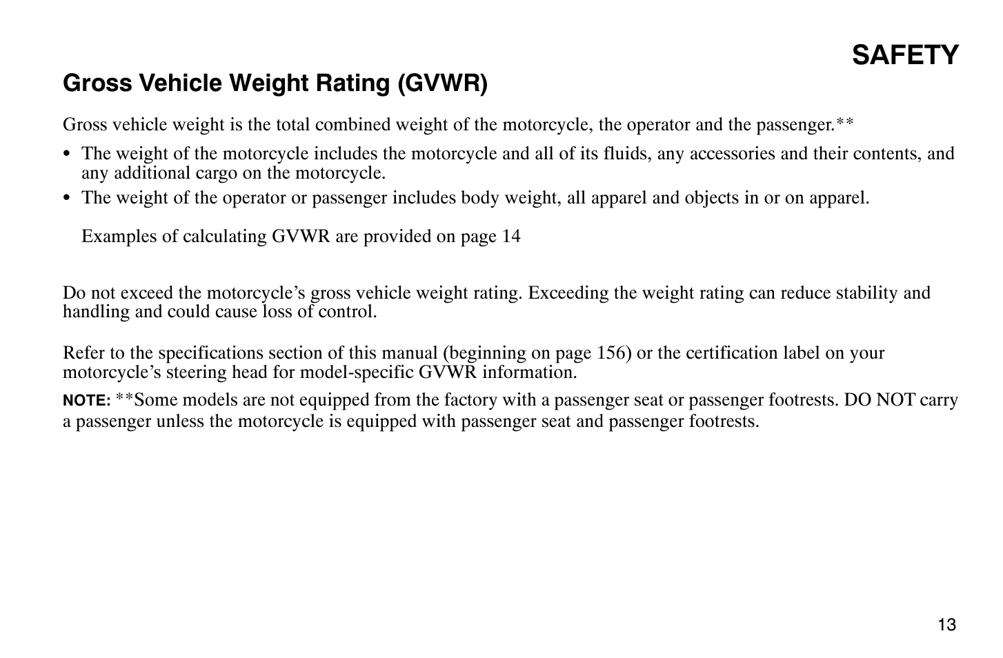 Safety, Gross vehicle weight rating (gvwr) | Polaris 2008 Victory Hammer User Manual | Page 18 / 170