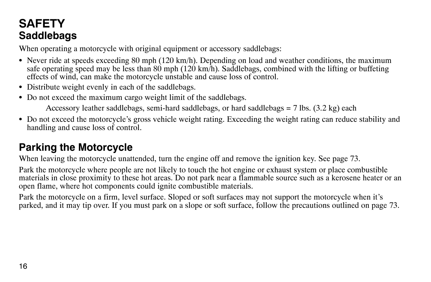 Safety, Saddlebags, Parking the motorcycle | Polaris 2008 Victory Hammer User Manual | Page 21 / 170