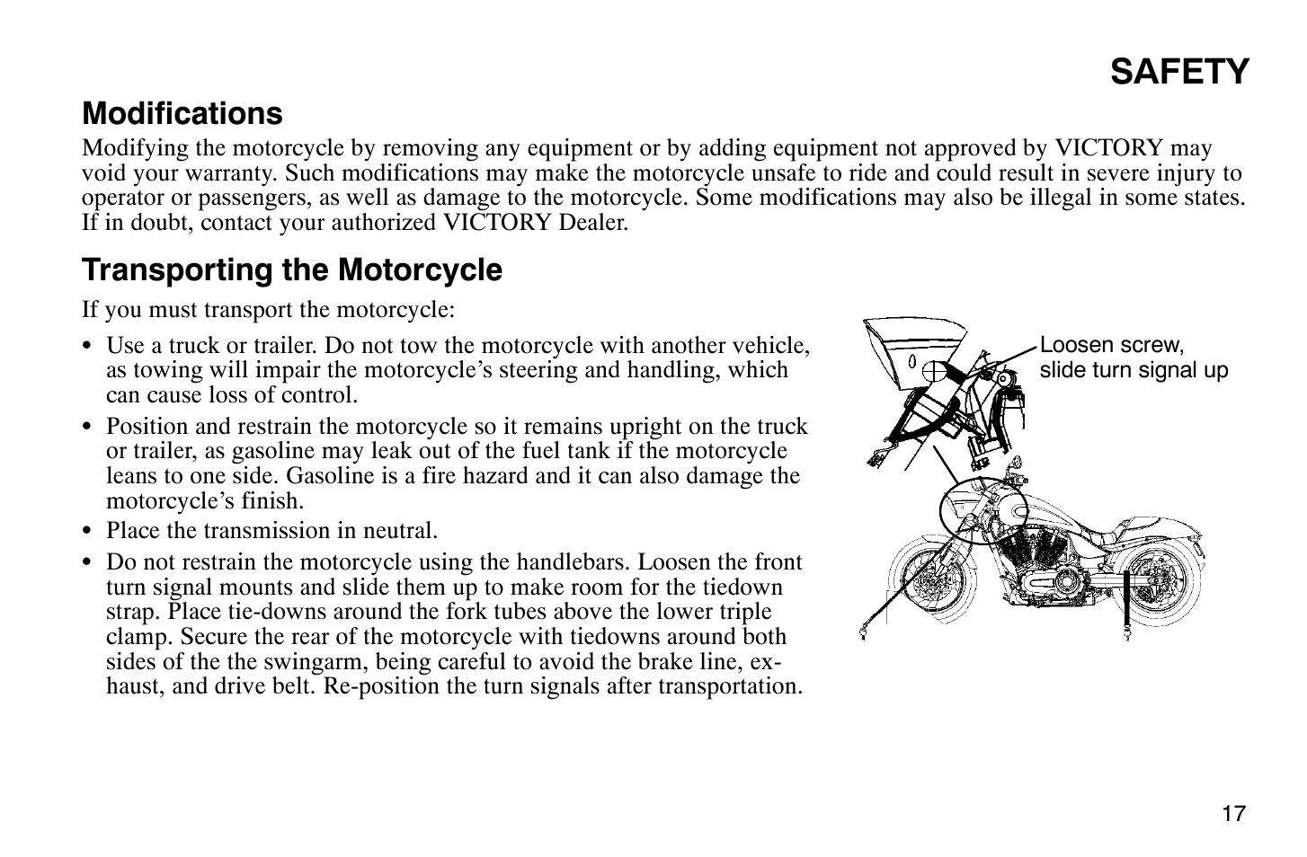 Safety, Modifications, Transporting the motorcycle | Polaris 2008 Victory Hammer User Manual | Page 22 / 170