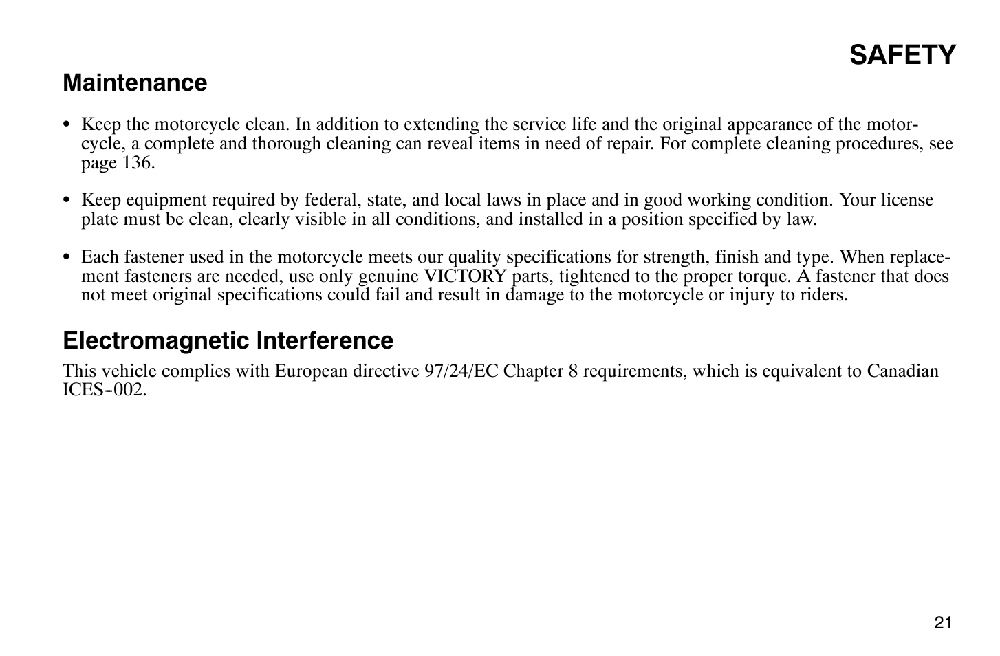 Safety, Maintenance, Electromagnetic interference | Polaris 2008 Victory Hammer User Manual | Page 26 / 170