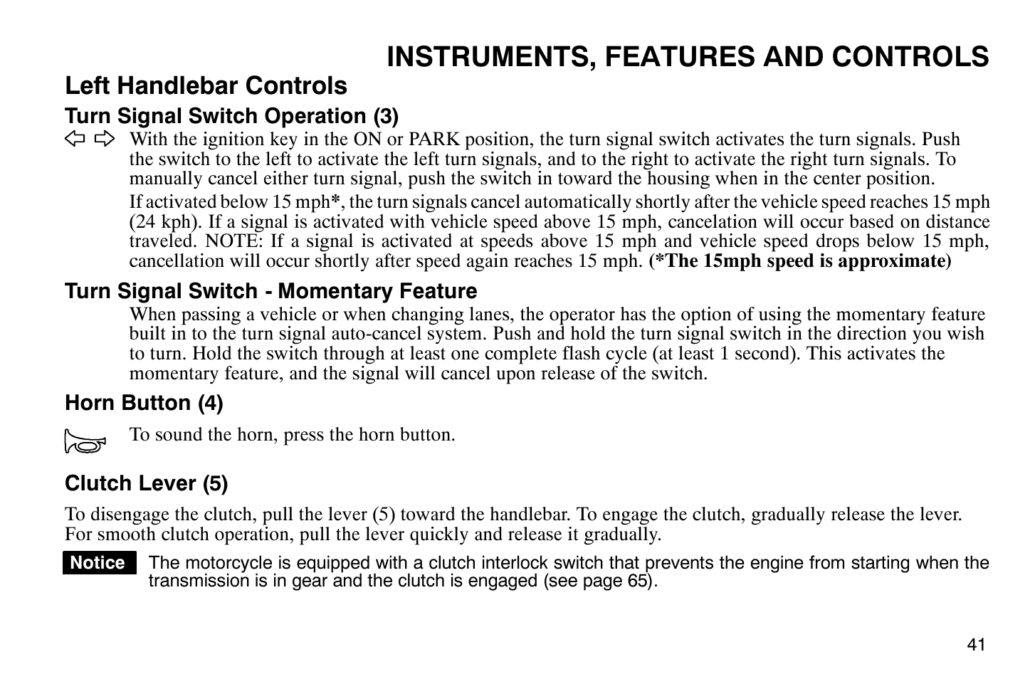 Instruments, features and controls, Left handlebar controls | Polaris 2008 Victory Hammer User Manual | Page 46 / 170