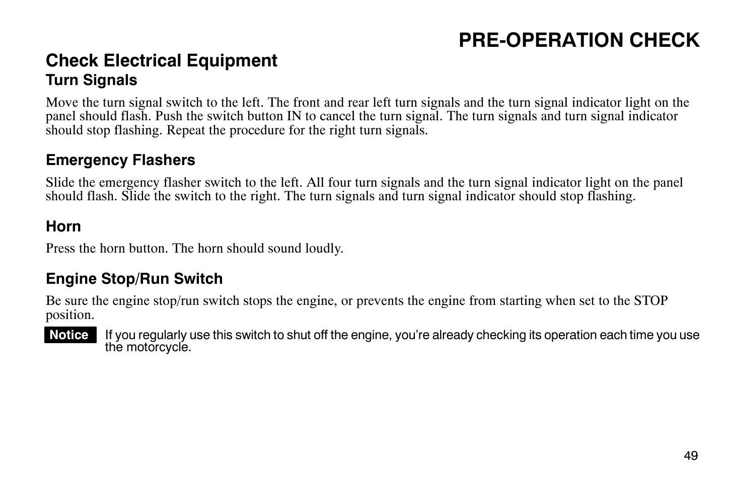 Pre-operation check, Check electrical equipment | Polaris 2008 Victory Hammer User Manual | Page 54 / 170