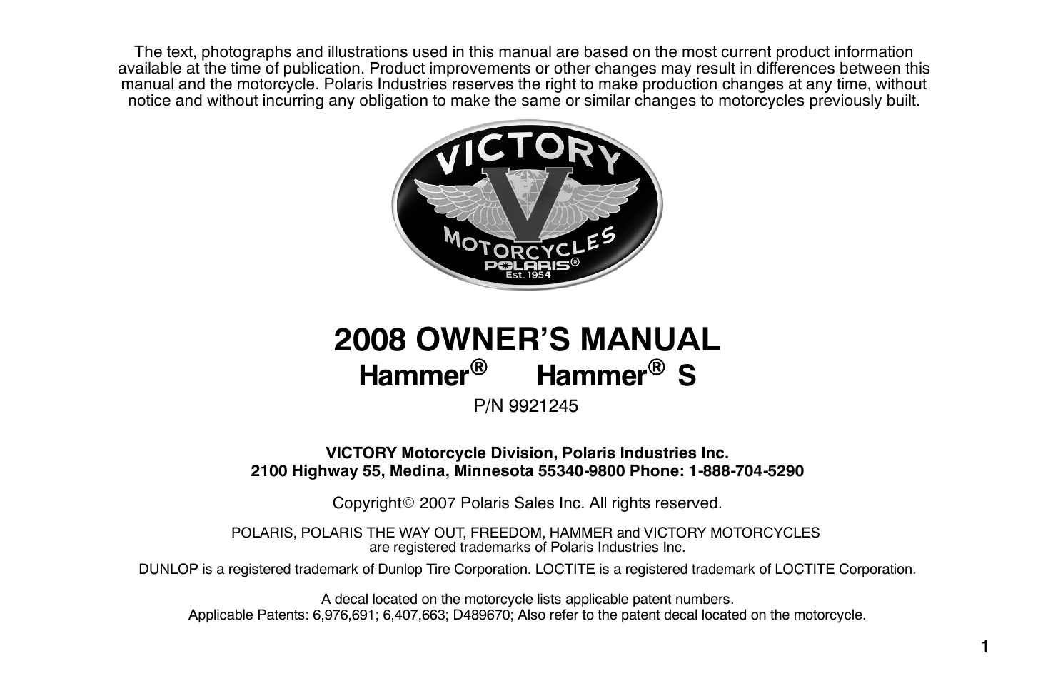 2008 owner’s manual, Hammer | Polaris 2008 Victory Hammer User Manual | Page 6 / 170
