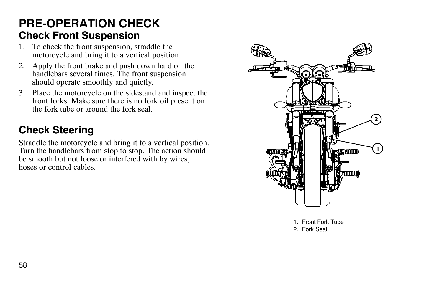 Pre-operation check, Check front suspension, Check steering | Polaris 2008 Victory Hammer User Manual | Page 63 / 170