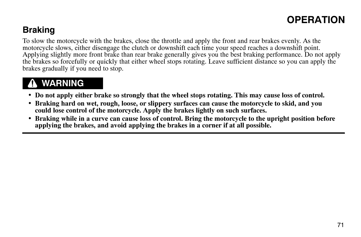 Operation, Braking, Warning | Polaris 2008 Victory Hammer User Manual | Page 76 / 170