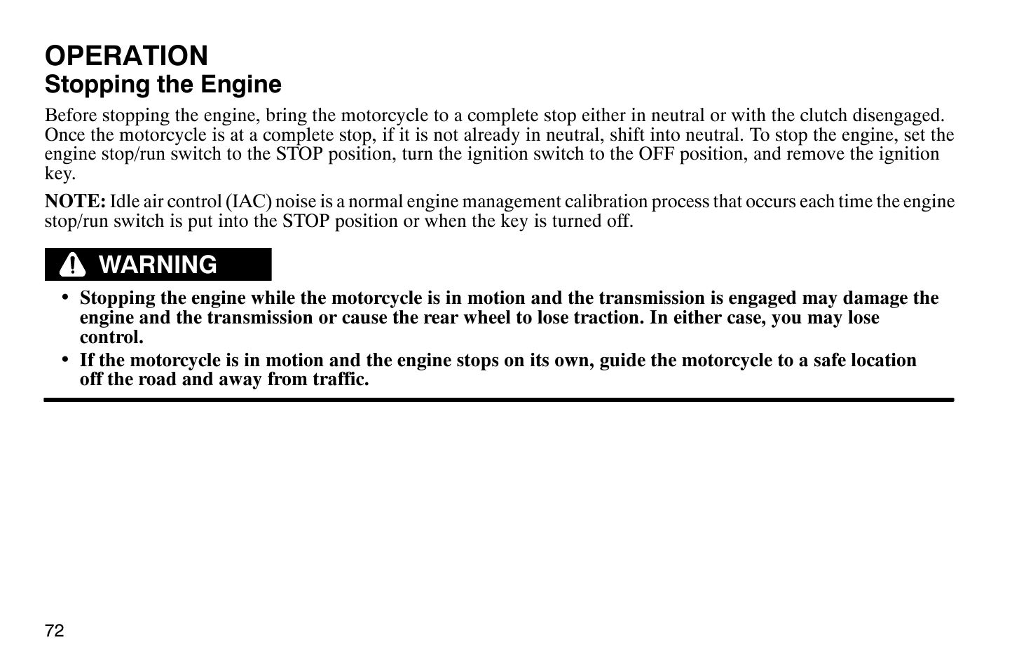 Operation, Stopping the engine, Warning | Polaris 2008 Victory Hammer User Manual | Page 77 / 170