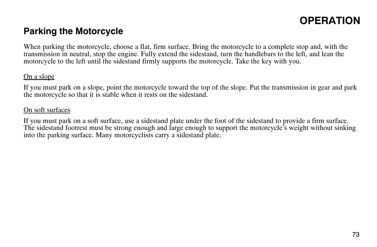 Operation, Parking the motorcycle | Polaris 2008 Victory Hammer User Manual | Page 78 / 170