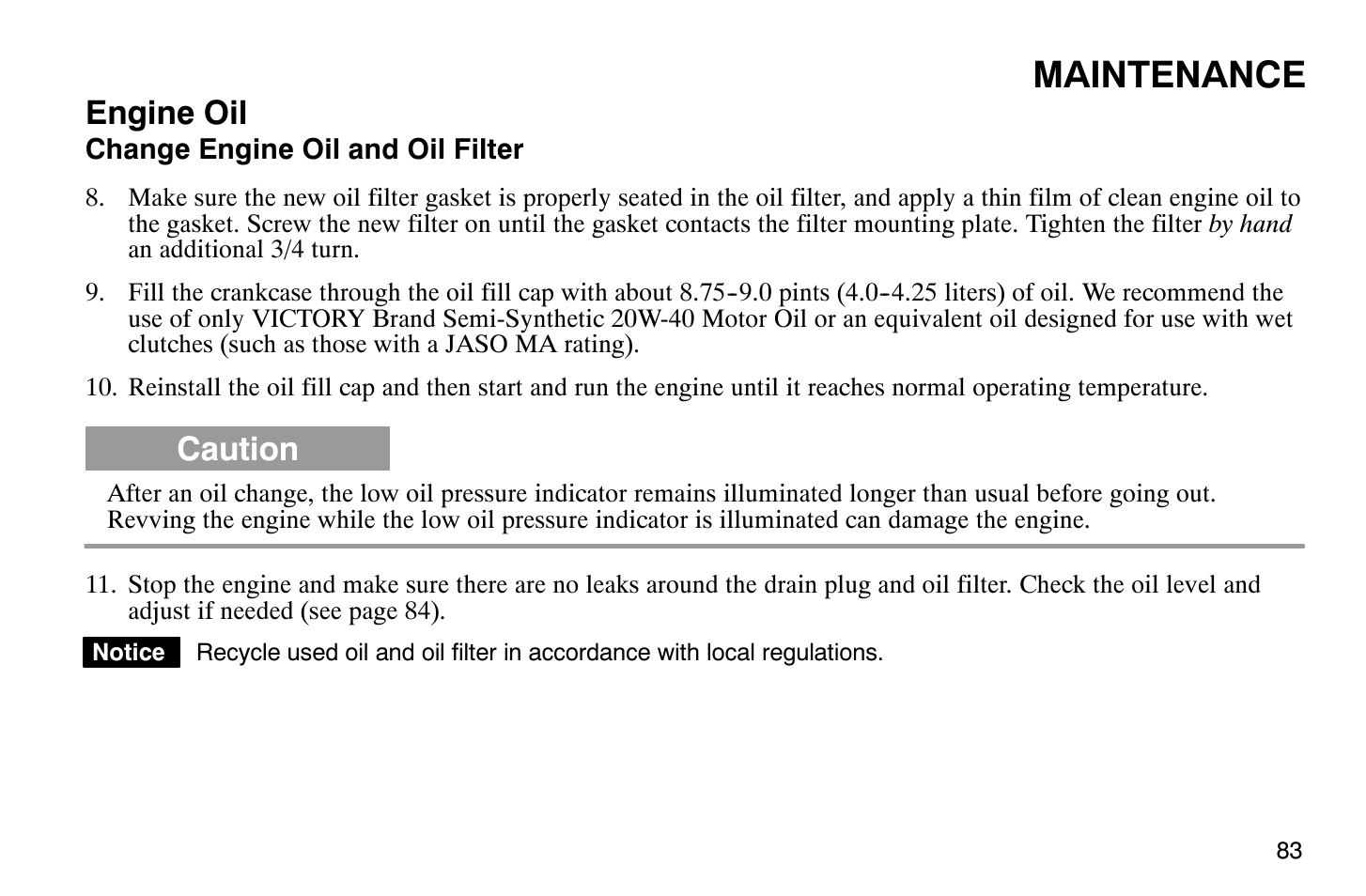 Maintenance, Engine oil, Caution | Polaris 2008 Victory Hammer User Manual | Page 88 / 170
