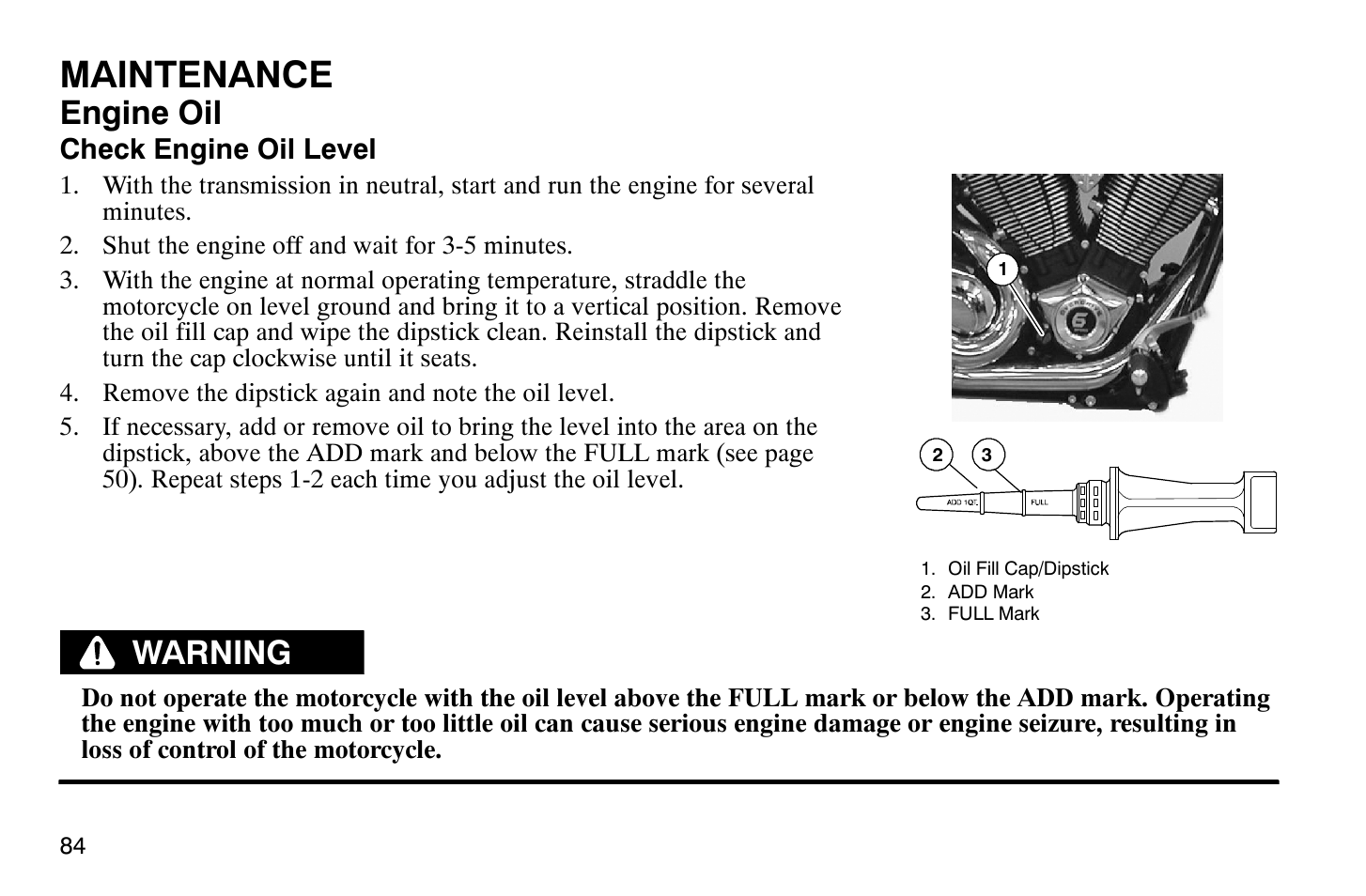 Maintenance, Engine oil, Warning | Polaris 2008 Victory Hammer User Manual | Page 89 / 170