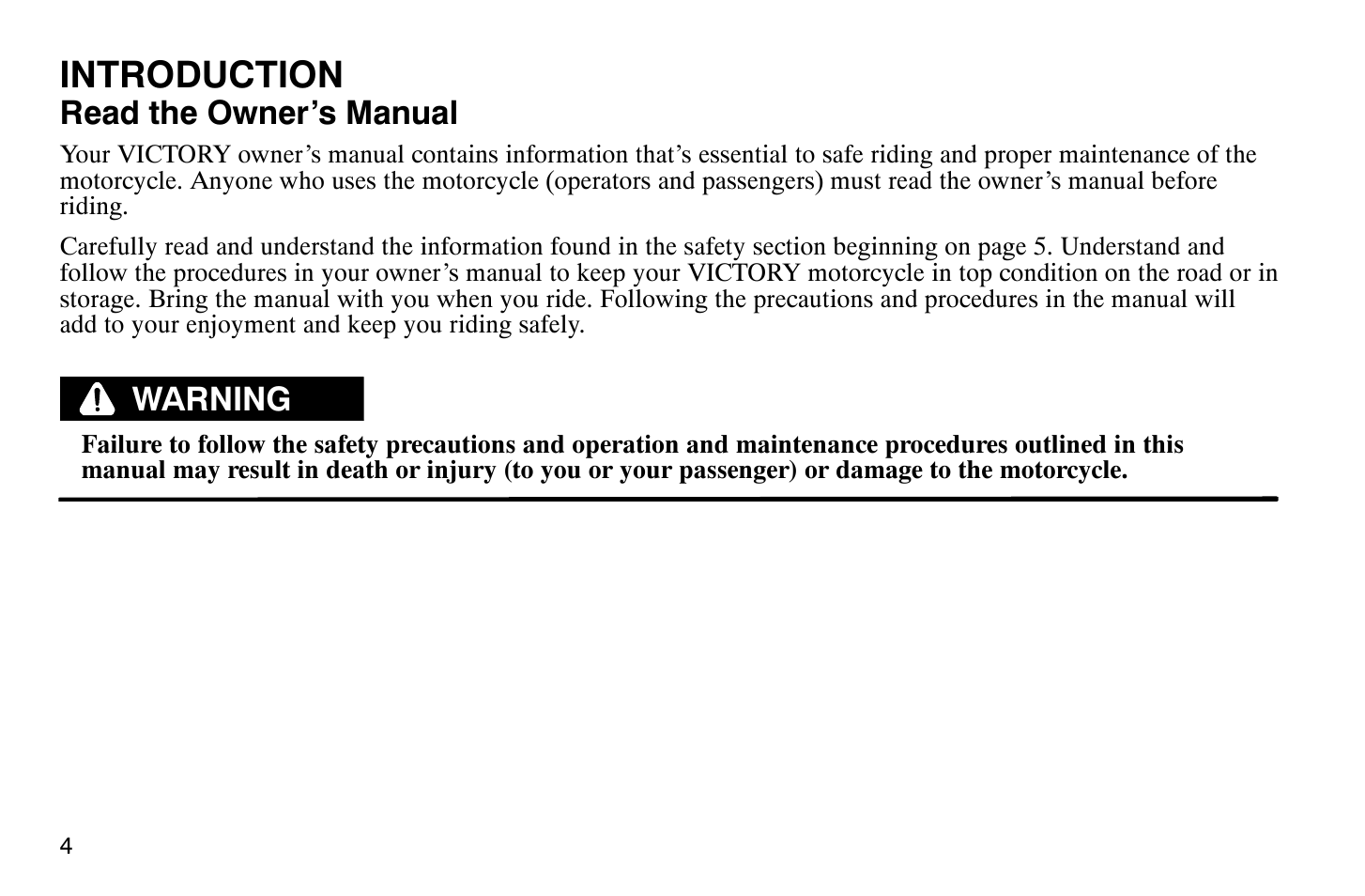 Introduction, Read the owner’s manual, Warning | Polaris 2008 Victory Hammer User Manual | Page 9 / 170