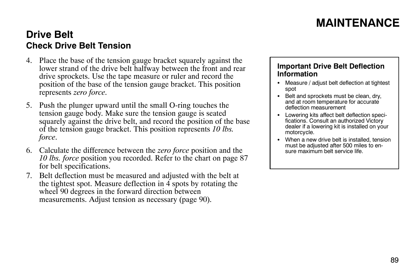 Maintenance, Drive belt, Check drive belt tension | Polaris 2008 Victory Hammer User Manual | Page 94 / 170