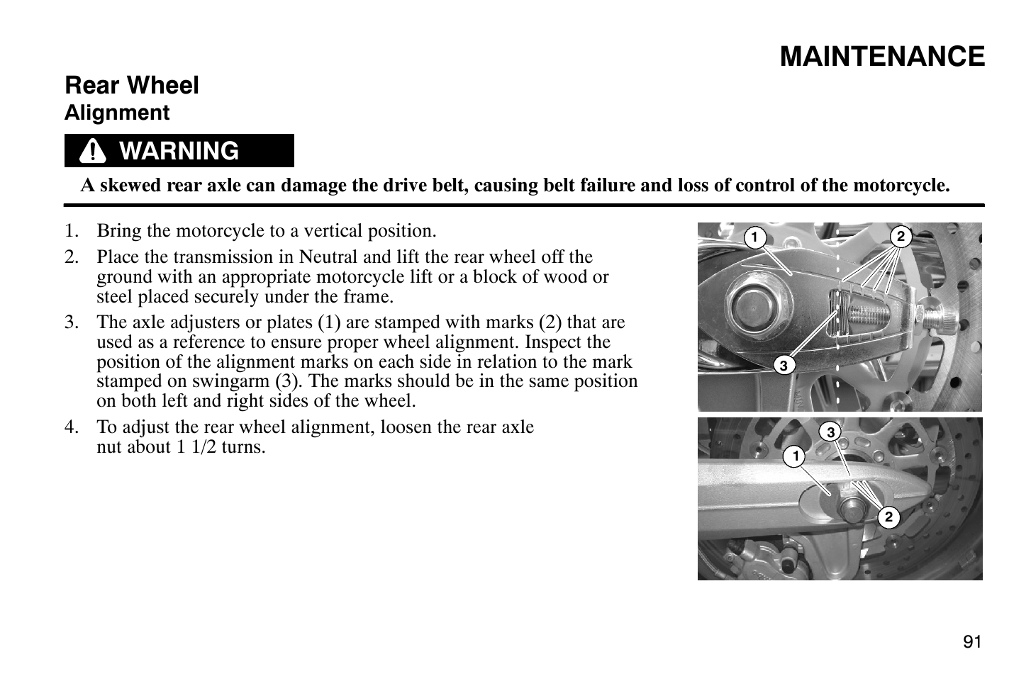 Maintenance, Rear wheel, Warning | Polaris 2008 Victory Hammer User Manual | Page 96 / 170