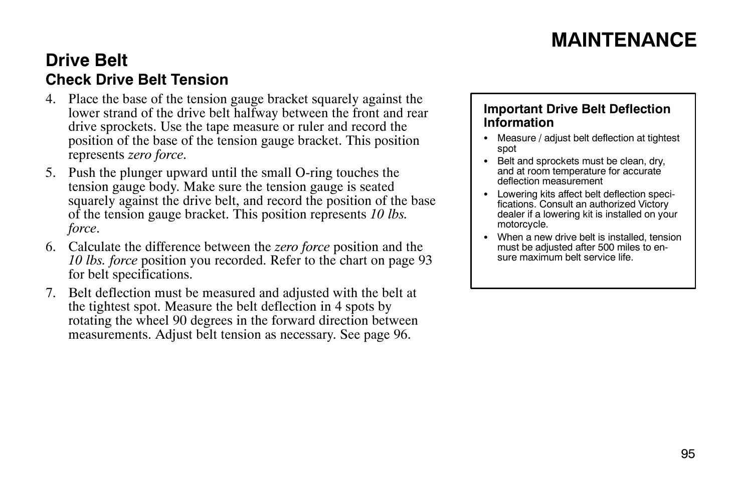 Maintenance, Drive belt, Check drive belt tension | Polaris 2008 Victory Vegas User Manual | Page 100 / 178