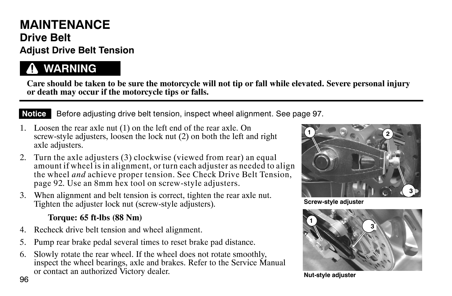 Maintenance, Drive belt, Warning | Polaris 2008 Victory Vegas User Manual | Page 101 / 178