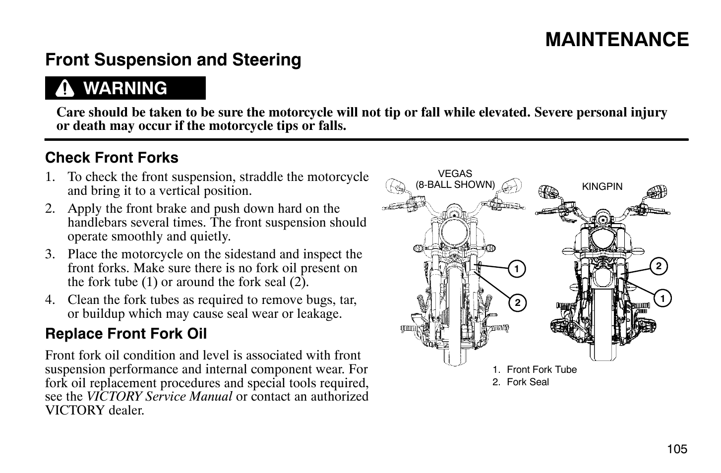 Maintenance, Front suspension and steering, Warning | Polaris 2008 Victory Vegas User Manual | Page 110 / 178