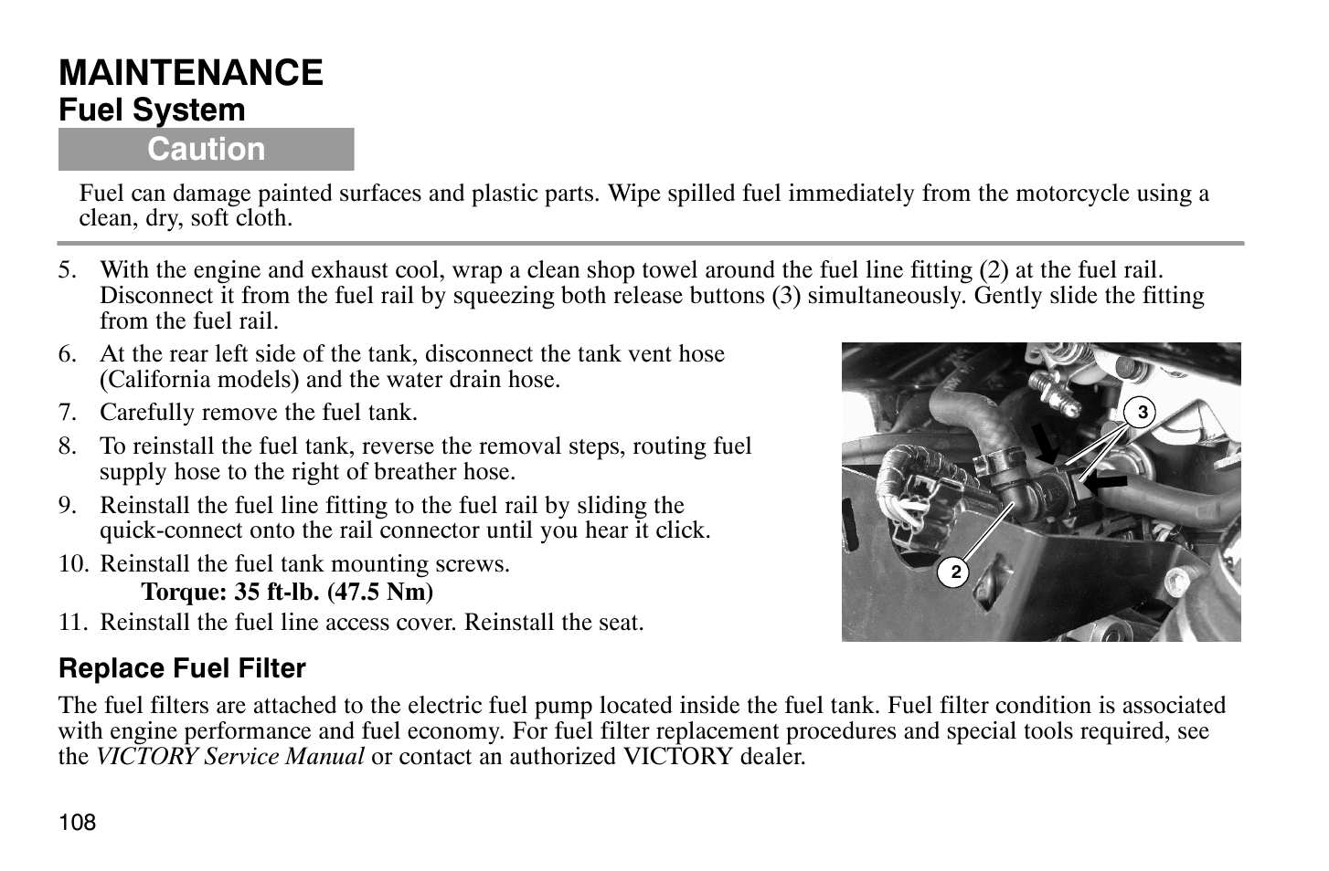 Maintenance, Fuel system, Caution | Polaris 2008 Victory Vegas User Manual | Page 113 / 178