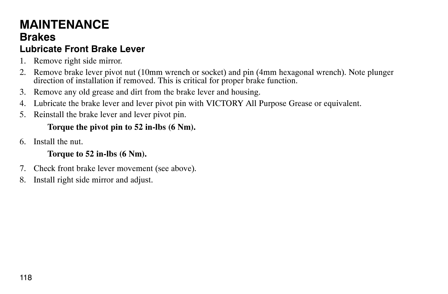 Maintenance, Brakes | Polaris 2008 Victory Vegas User Manual | Page 123 / 178