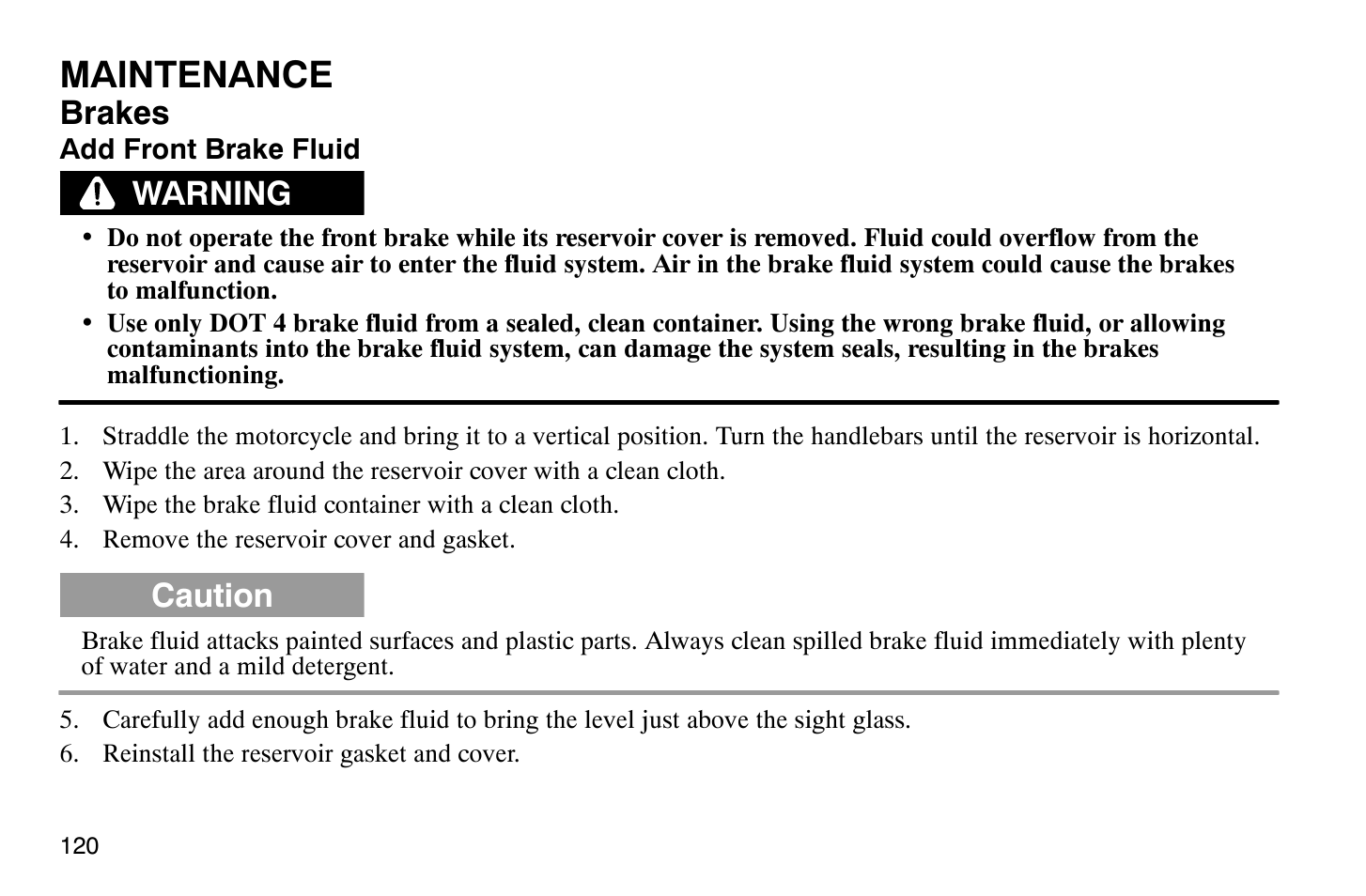 Maintenance, Brakes, Warning | Caution | Polaris 2008 Victory Vegas User Manual | Page 125 / 178