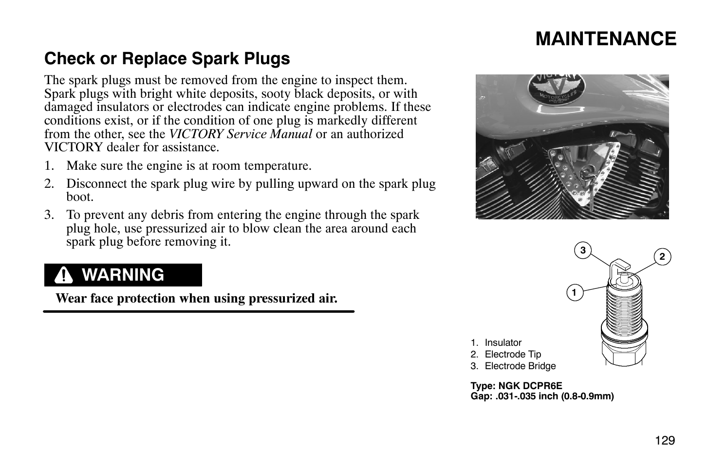 Maintenance, Check or replace spark plugs, Warning | Polaris 2008 Victory Vegas User Manual | Page 134 / 178