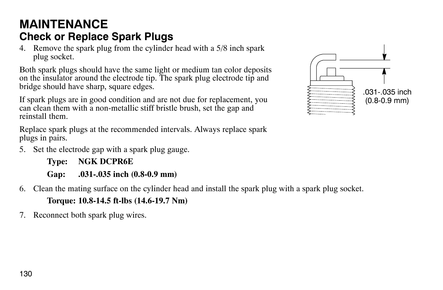 Maintenance, Check or replace spark plugs | Polaris 2008 Victory Vegas User Manual | Page 135 / 178