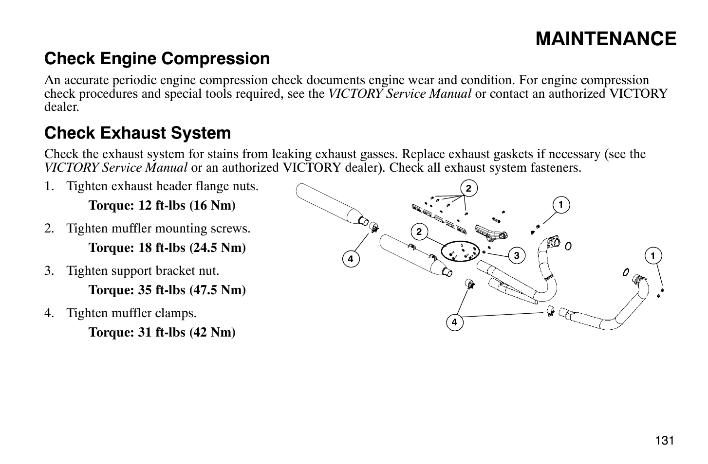 Maintenance, Check engine compression, Check exhaust system | Polaris 2008 Victory Vegas User Manual | Page 136 / 178