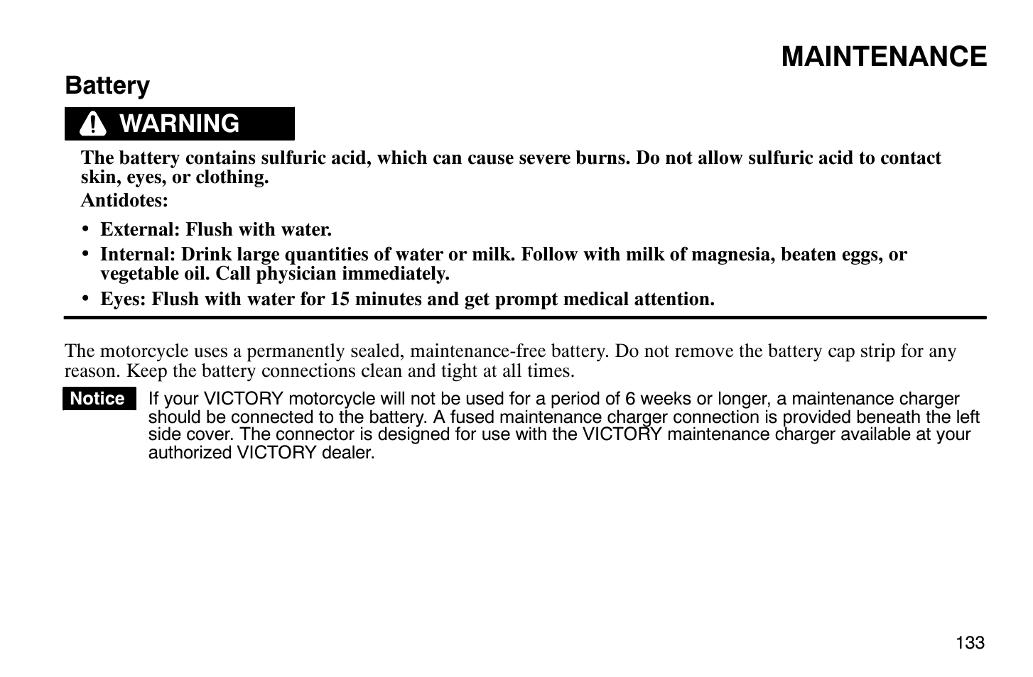 Maintenance, Battery, Warning | Polaris 2008 Victory Vegas User Manual | Page 138 / 178