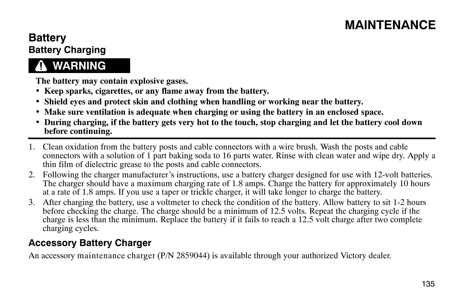 Maintenance, Battery, Warning | Polaris 2008 Victory Vegas User Manual | Page 140 / 178