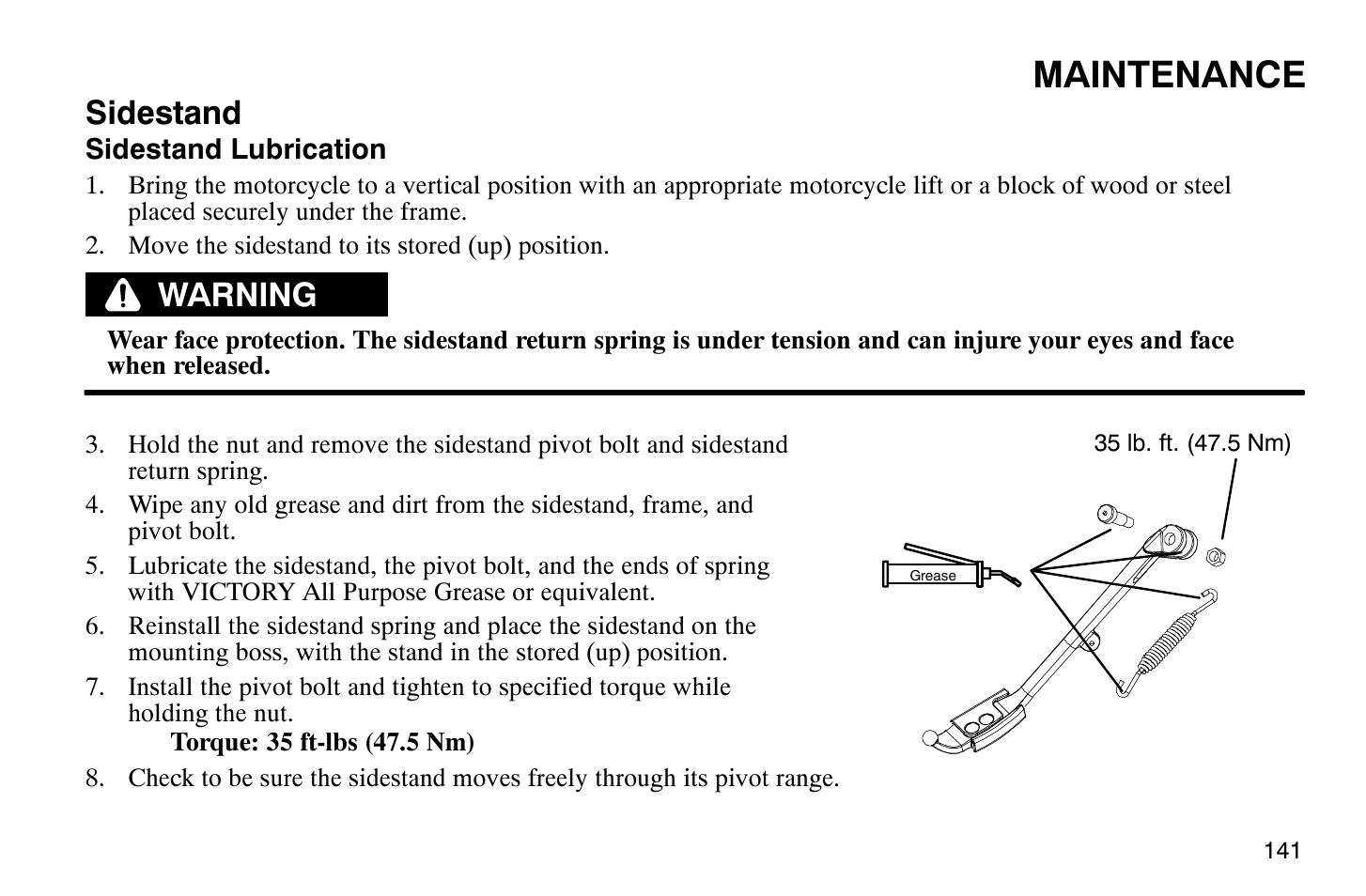 Maintenance, Sidestand, Warning | Polaris 2008 Victory Vegas User Manual | Page 146 / 178