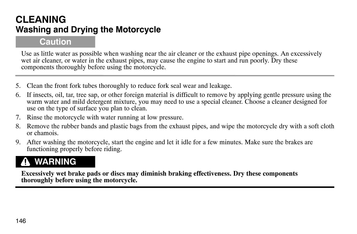 Cleaning, Washing and drying the motorcycle, Caution | Warning | Polaris 2008 Victory Vegas User Manual | Page 151 / 178