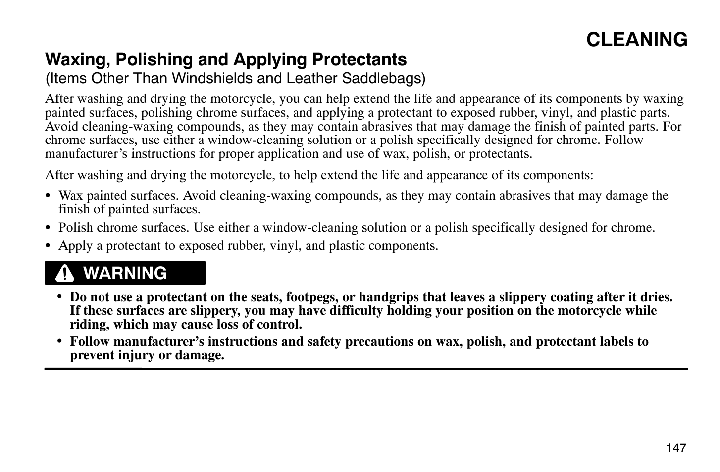 Cleaning, Waxing, polishing and applying protectants, Warning | Polaris 2008 Victory Vegas User Manual | Page 152 / 178