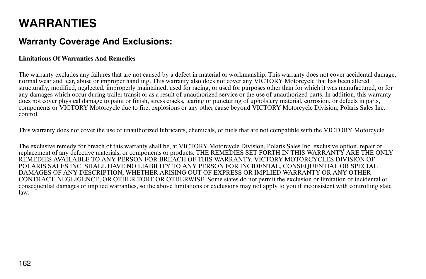 Warranties, Warranty coverage and exclusions | Polaris 2008 Victory Vegas User Manual | Page 167 / 178