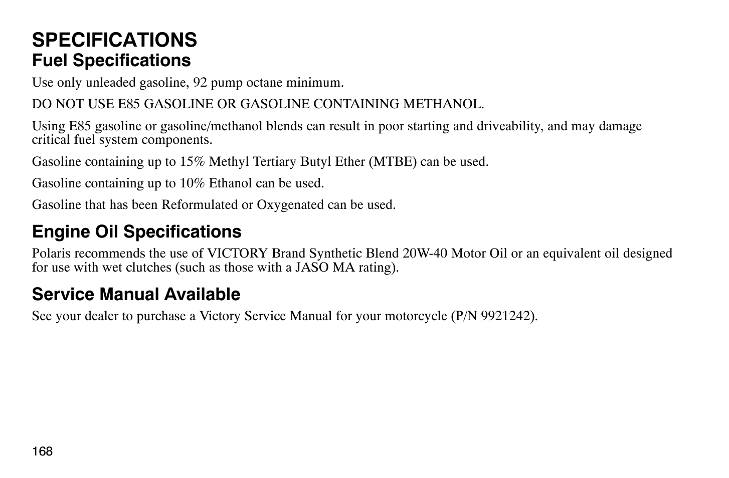 Specifications | Polaris 2008 Victory Vegas User Manual | Page 173 / 178