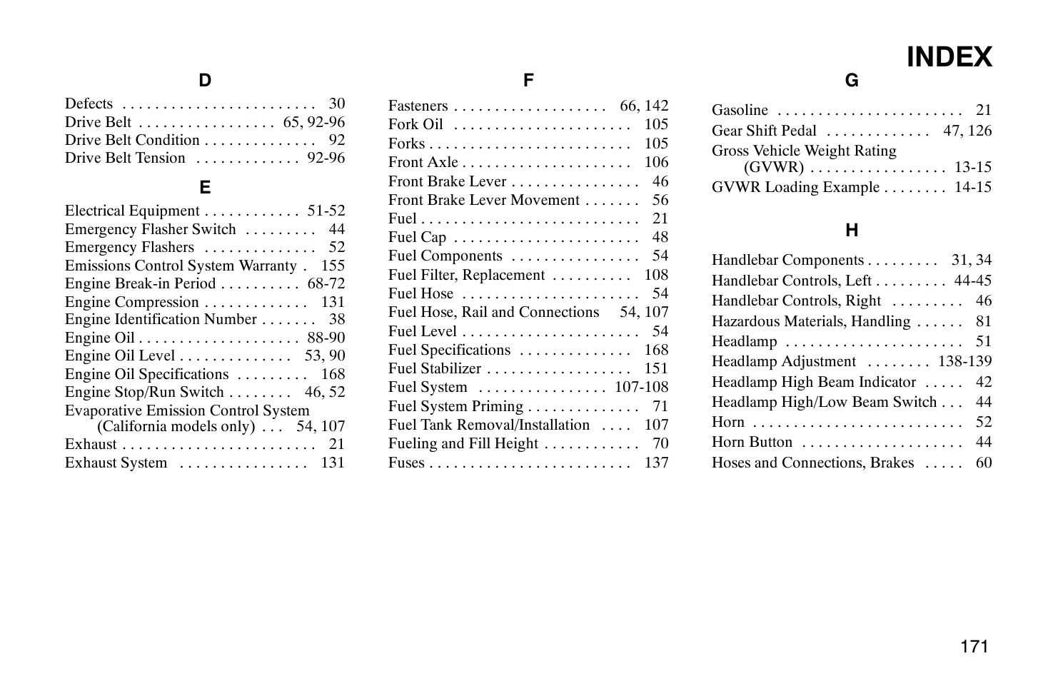 Index | Polaris 2008 Victory Vegas User Manual | Page 176 / 178