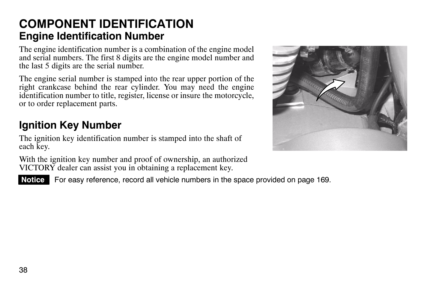 Component identification, Engine identification number, Ignition key number | Polaris 2008 Victory Vegas User Manual | Page 43 / 178