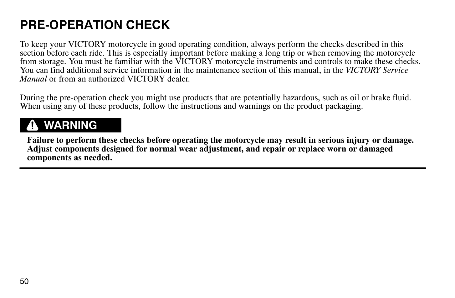 Pre-operation check, Warning | Polaris 2008 Victory Vegas User Manual | Page 55 / 178