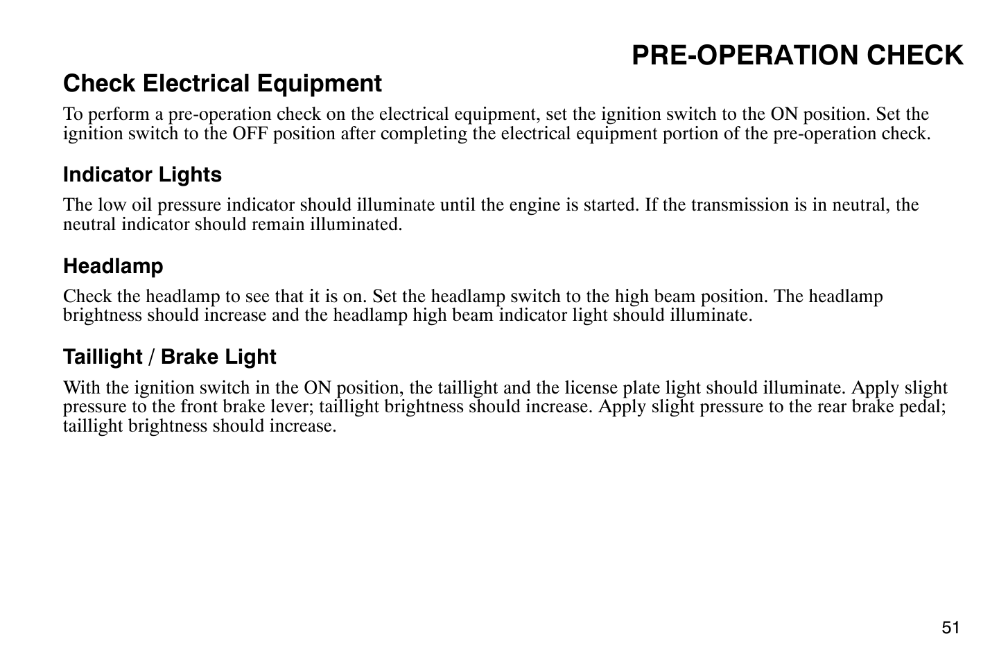 Pre-operation check, Check electrical equipment | Polaris 2008 Victory Vegas User Manual | Page 56 / 178