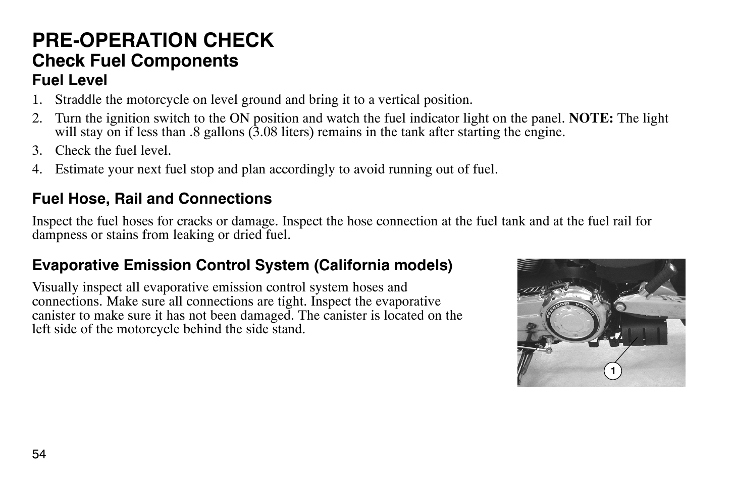 Pre-operation check, Check fuel components | Polaris 2008 Victory Vegas User Manual | Page 59 / 178