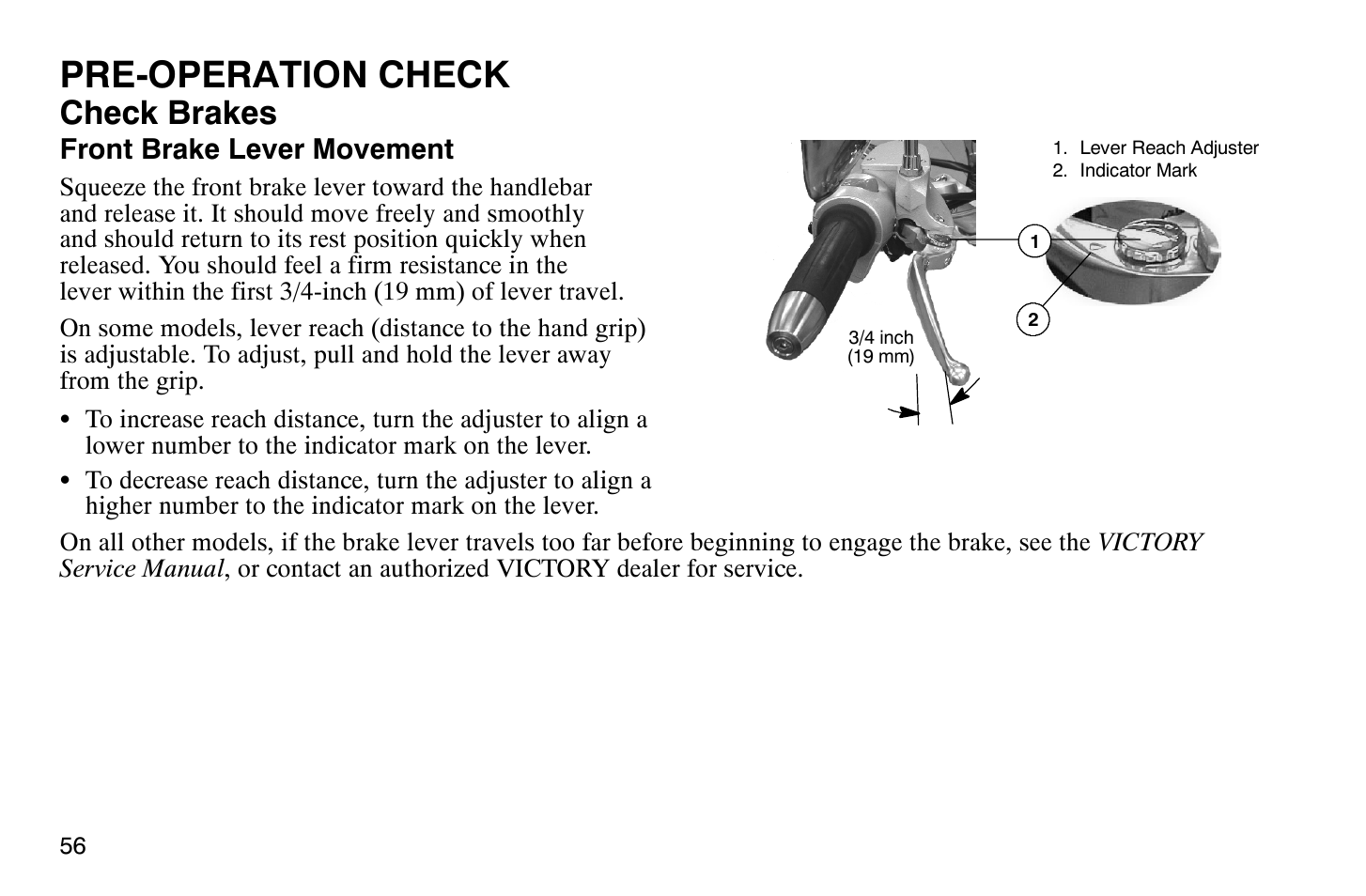 Pre-operation check, Check brakes | Polaris 2008 Victory Vegas User Manual | Page 61 / 178