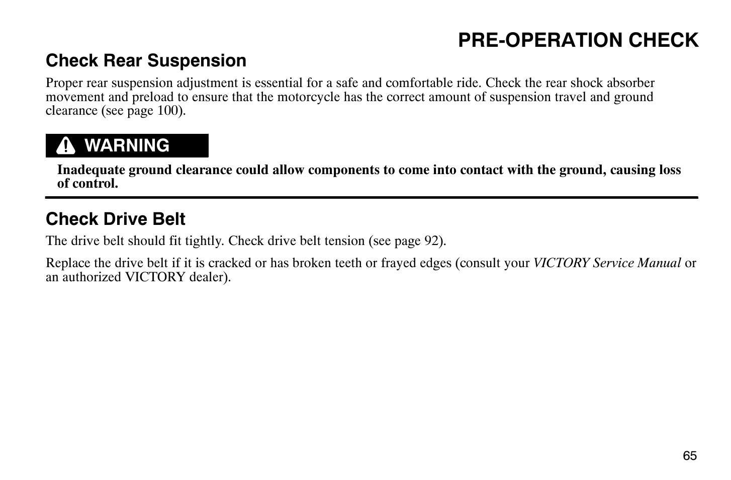 Pre-operation check | Polaris 2008 Victory Vegas User Manual | Page 70 / 178