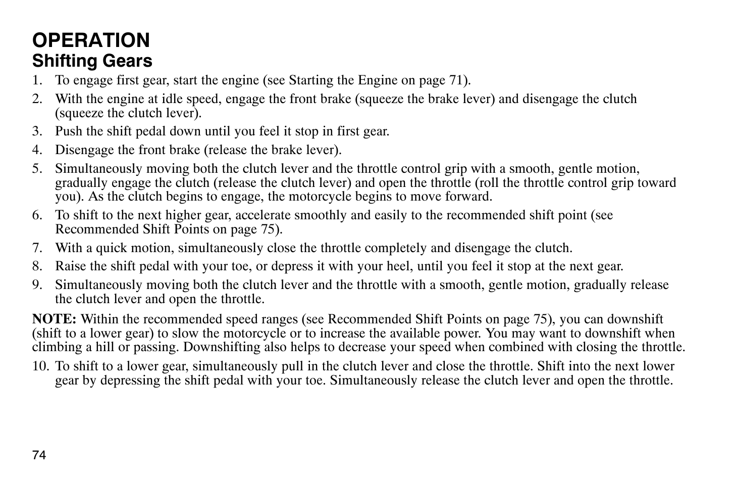 Operation, Shifting gears | Polaris 2008 Victory Vegas User Manual | Page 79 / 178