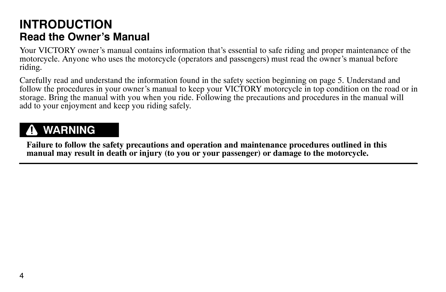 Introduction, Read the owner’s manual, Warning | Polaris 2008 Victory Vegas User Manual | Page 9 / 178