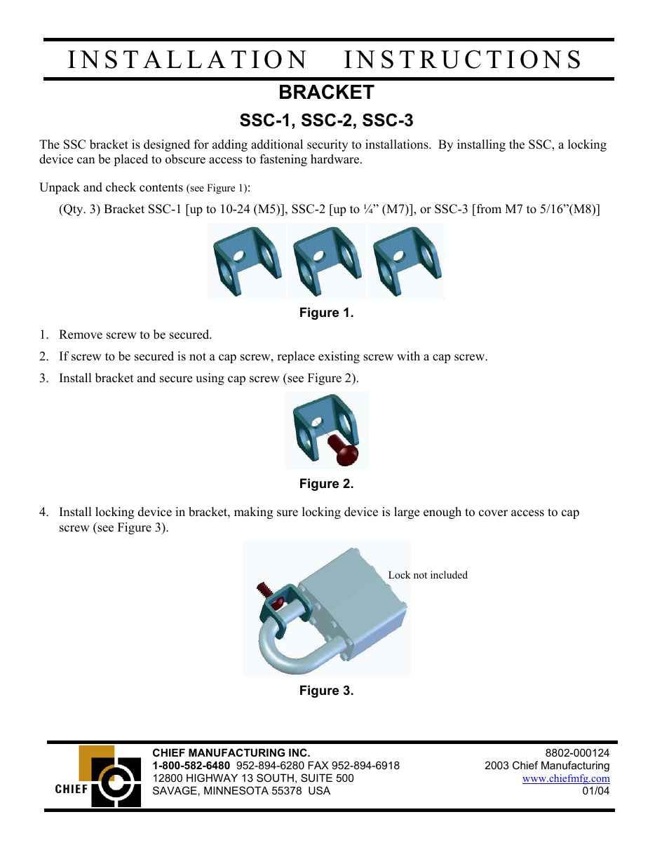 Chief Manufacturing SSC Bracket SSC-1 User Manual | 1 page