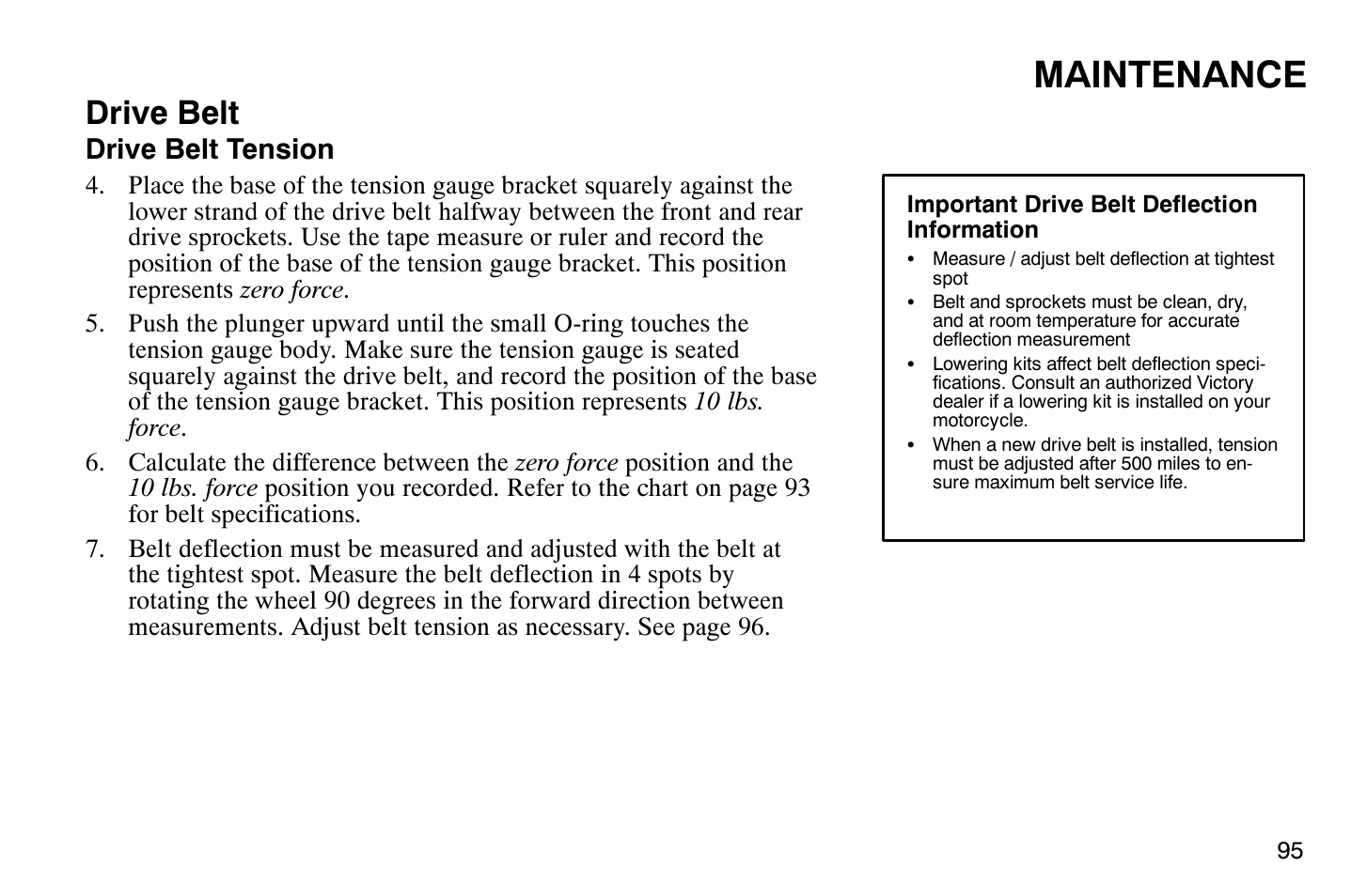 Maintenance, Drive belt, Drive belt tension | Polaris 2009 Victory Vegas User Manual | Page 100 / 178