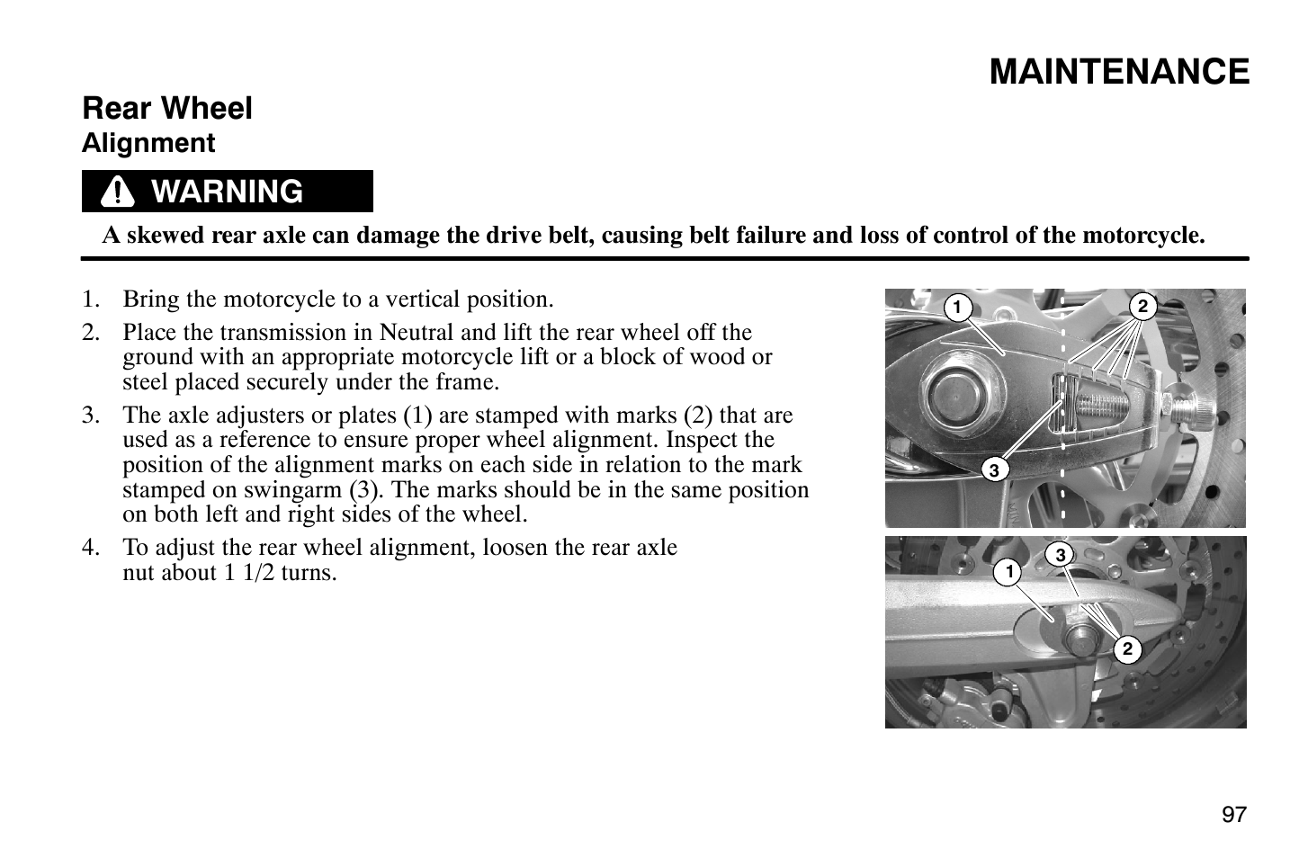 Maintenance, Rear wheel, Warning | Polaris 2009 Victory Vegas User Manual | Page 102 / 178