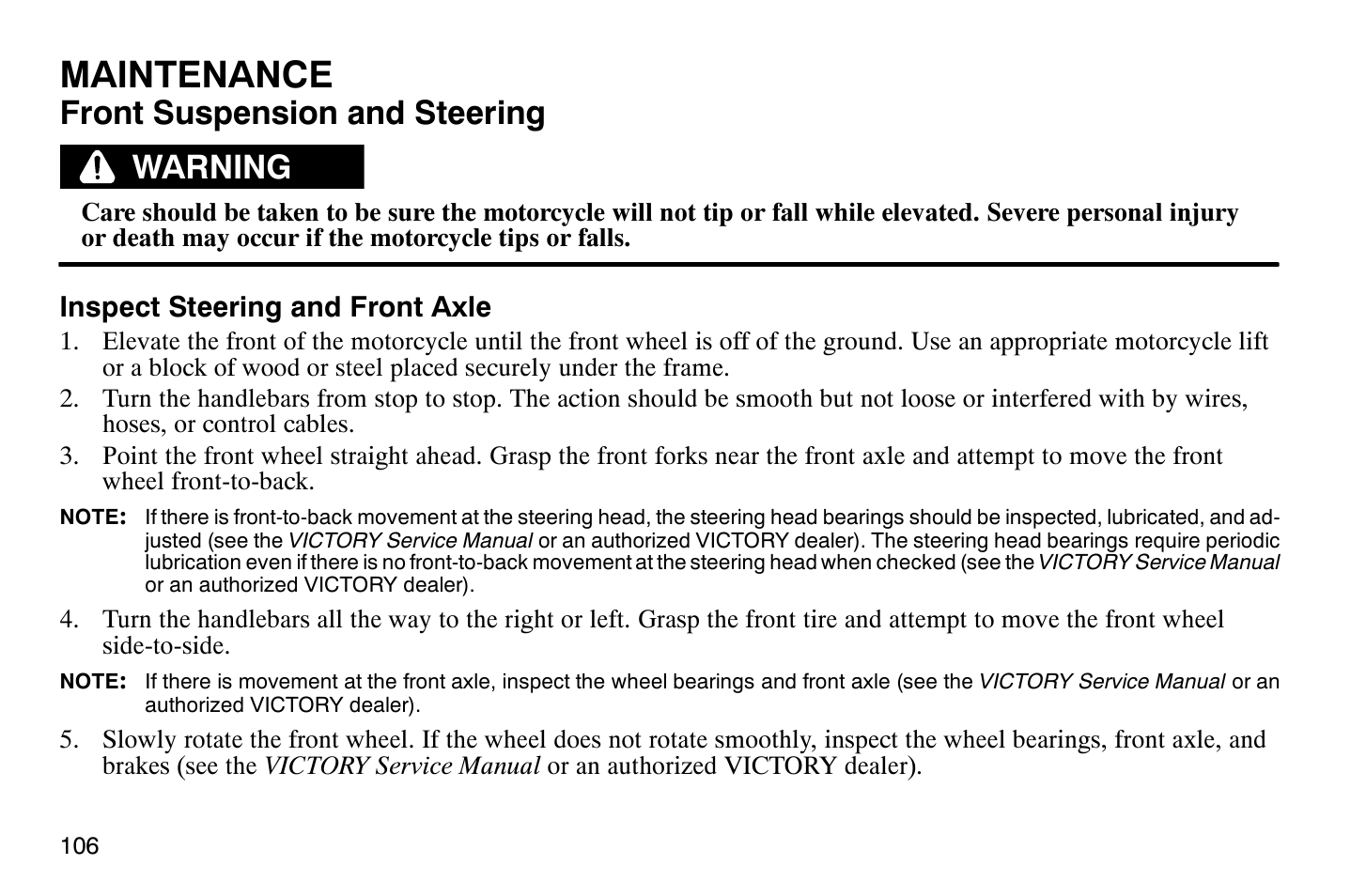 Maintenance, Front suspension and steering, Warning | Polaris 2009 Victory Vegas User Manual | Page 111 / 178